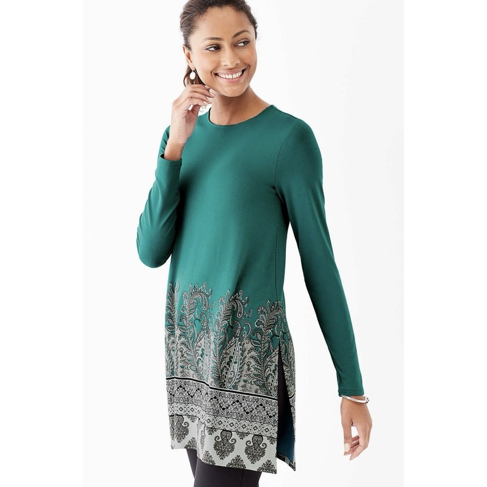 J. Jill Wearever Collection Tunic Top Size Petite Medium Teal Paisley Hem‎